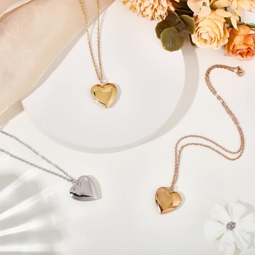 PLIGREAT 3 Colors Heart Photo Locket Necklace for Women, Stainless Steel Pendant Holds Pictures Golden Heart Open Locket Necklaces 17.7 Inch Chain Memorial Pendant Gift