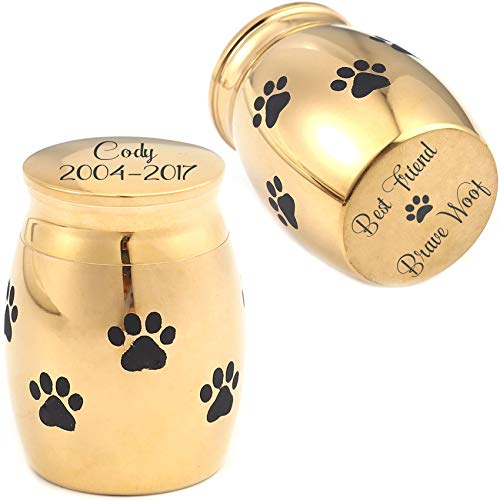 Personalized Mini Dog Paw Print Cremation Urn for Pet Ashes Holder 316L Stainless Steel Small Memorial Keepsake for Loved Puppy Cat, Free Engraving (Gold Plated) - color: Gold Plated (Customizable)