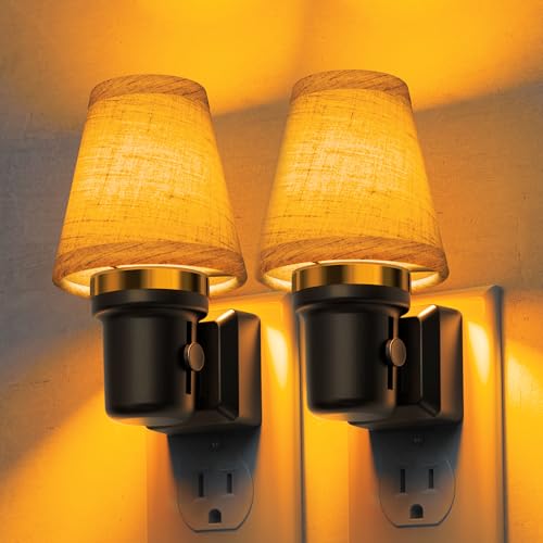 L LOHAS LED Night Lights Plug into Wall, Linen Fabric Night Light - color: Round Platform-Amber, size: 2 Pack