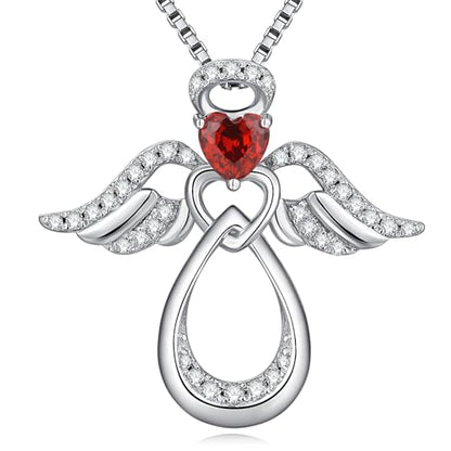 925 Sterling Silver Guardian Angel Pendant Necklace for Women with Birthstone Cubic Zirconia Little Angel Pendant Necklace Jewelry 18 inch Chain - color: 01-Jan-Garnet