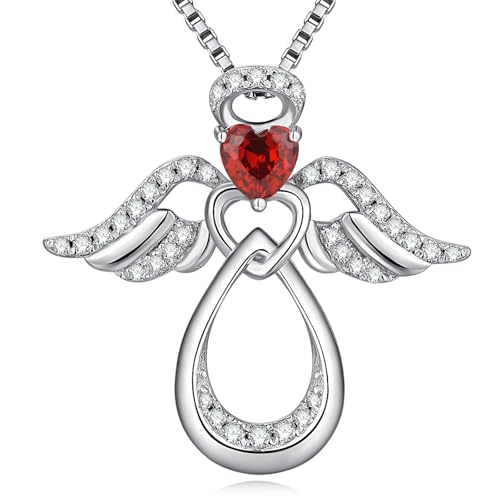 925 Sterling Silver Guardian Angel Pendant Necklace for Women with Birthstone Cubic Zirconia Little Angel Pendant Necklace Jewelry 18 inch Chain - color: 01-Jan-Garnet