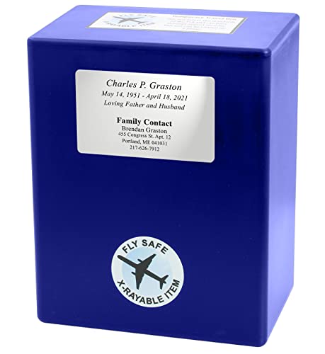 CarrySafe TSA-Approved Travel Urn Kit – Guaranteed Fly-Safe Temporary Cremation Urn for Human Ashes – Includes Personalization – Airline Friendly, 200 Cu in, Blue Plastic with Travel Box - color: Blue Personalized