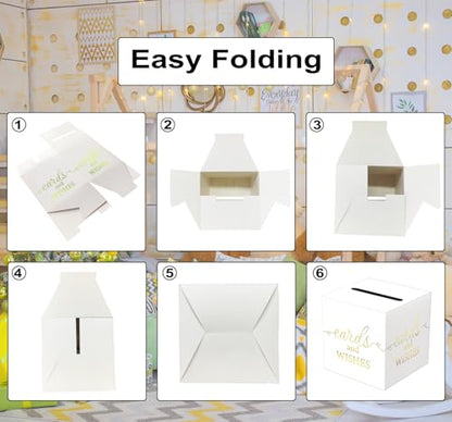 WNINK White Card Box with Gold Foil Design, Cards and Wishes Gift Cards Box Receiving Box for Wedding Receptions, Bridal & Baby Showers, Anniversaries, Birthdays Party, Graduations, Retirements - color: Cards Wishes White Gold
