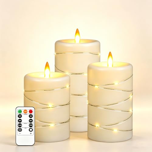 Da by 3 Pack Ivory Flameless Taper Candles, Realistic Flickering LED Candles with Surrounding Fairy String Lights, Heat Resistant ABS Battery Candles with Remote for Indoor Outdoor Decor - color: Outdoor plastic candles#3