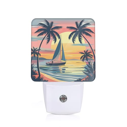 Palm Trees Night Lights Plug into Wall, Sunset Palm Trees Auto Sensor LED Night Lamp for Men Women Boys Girls Holiday Presents Gifts - color: Sunset over Palm Trees by the Sea