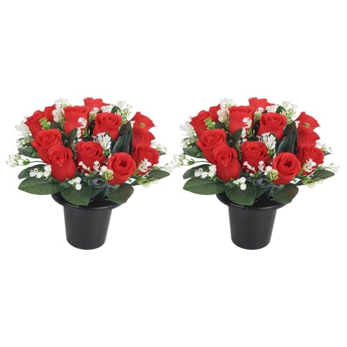 2 Sets Small Artificial Flowers in Pots for Cemetery Home Centerpiece Arrangement Outdoor Decoration, Portable 9.8" Red Silk Roses Baby's Breath Flowers with Pot(Red) - color: Red