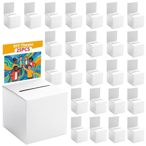 25 Pack Raffle Box Ballot Box with Slot, 6 x 6 x 6 Inch White Cardboard Suggestion Box with Removable Header, for Collecting Business Card Voting Contest Fundraising Donation and Suggestion - color: White, size: 25Pack