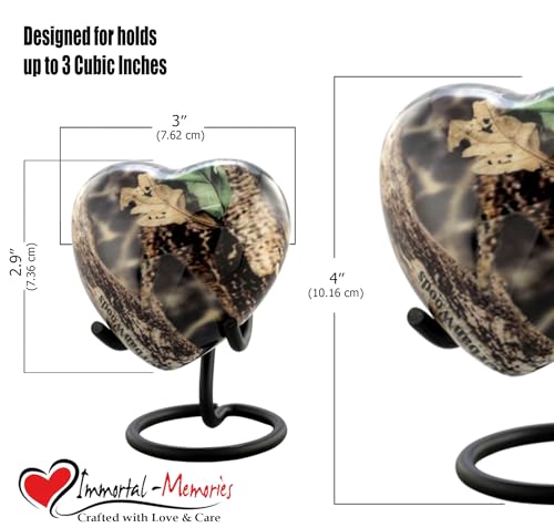 UrbanWoods Camouflage Heart Keepsake Urn for Ashes - Handcrafted Forest Memorial With Display Stand, Premium Case & Bag - Hunting Mini Urn