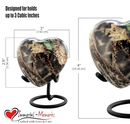 UrbanWoods Camouflage Heart Keepsake Urn for Ashes - Handcrafted Forest Memorial With Display Stand, Premium Case & Bag - Hunting Mini Urn