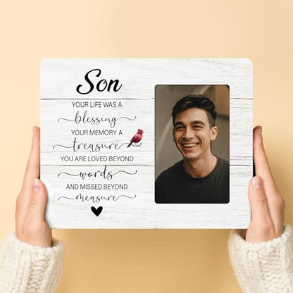 Memorial Picture Frame Gifts for Loss of Son, In Loving Memory Frame, Sympathy Gifts for Loss of Son Wooden Picture Frames, 4x6 inch Photo
