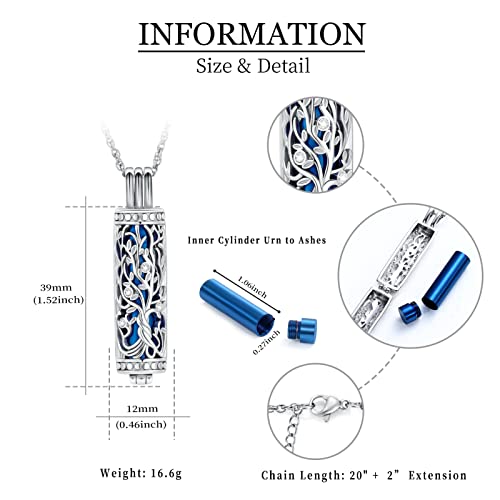 shajwo Cylinder Cremation Jewelry Tree of Life Urn Ashes Necklace for Women Men Vial Cremation Ash Pendant Loved One Memorial Jewelry - color: Blue