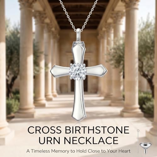 YYB Urn Necklace for Ashes Women Heart Birthstone Cross Cremation Jewelry | Memorial Keepsake Funeral Jewelry for Loved Ones (with Funnel Filler) - color: 04--Synthetic Diamond April