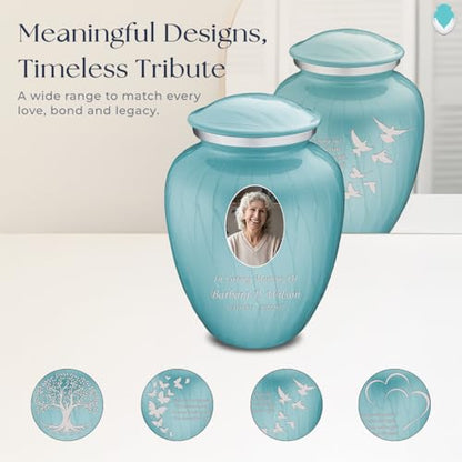 Geturns Embrace Adult Personalized Doves Cremation Urns for Human Ashes I Large Picture Pearl Light Blue Funeral Urn for Adult Men and Women with Double Side Engraving I 200 lbs - color: _Pearl Light Blue (Double Sided)