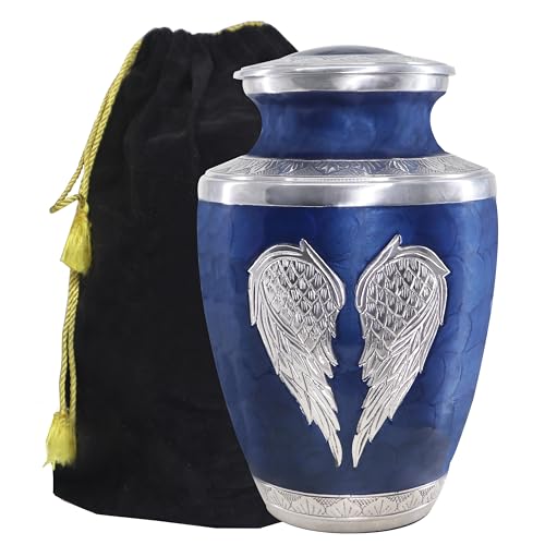 M MEILINXU Blue Urns, Funeral Urns for Human Ashes Adult Man, Angel Wings | Cremation Urn for Women, Burial Urn for Adult Human Ashes, Memorial Services, Cemetery Interment or Remembrance at Home - color: Dark Blue