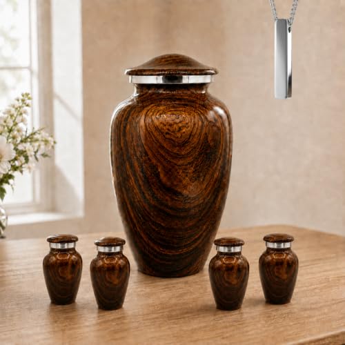 Walnut Wooden Urns for Human Ashes Set of 6 Traditional Wood Cremation Urn | 1 Large Decorative Traditional Cremation Urn for Ashes Made of Aluminum Urn,4 Matching Small Keepsakes, & 1 Necklace Urn - color: Walnut Grain Set