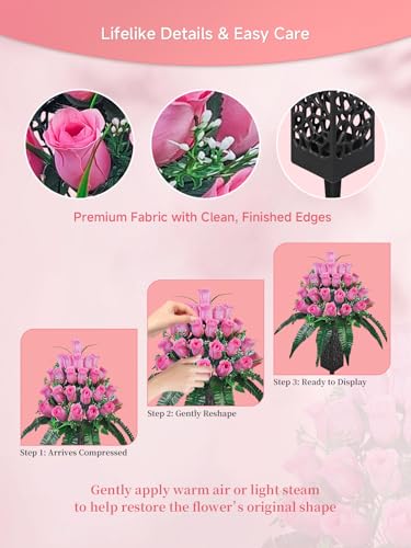Mirevielyn 2-Pack 24-Stem Artificial Rose Cemetery Flowers with Vases - color: Pink (Soft Tone)