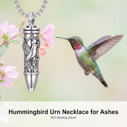 SIMONLY Bullet Urn Necklaces for Ashes 925 Sterling Silver Animal/Angel Wings/Pet/Jesus Necklace Bullet Pendant Cremation Jewelry for Men - color: Hummingbird