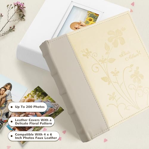Photo Album Hold 200 4x6 Photos with Memo Writing Space (Beige&Light Grey) | Faux Leather Picture Book Fits 4x6 Photo, 200 Pockets Great for Wedding Family Holidays - color: Beige & Light Grey