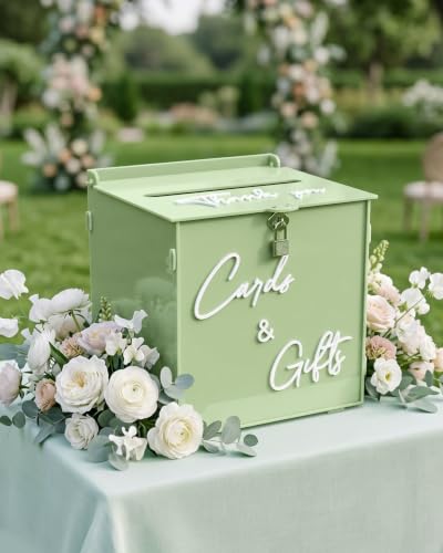 Sage Green Acrylic Wedding Card Box with Lock, 10" Card Holder with Slot | Card Box for Reception, Bridal & Baby Shower, Birthday, Graduation Party, Decorative Keepsake Gift Box, 3D Sign, 10*10*8 inch - color: Sage Green