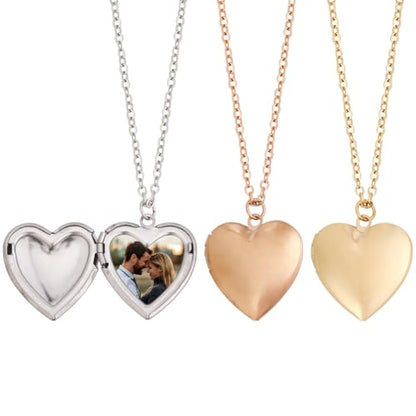 PLIGREAT 3 Colors Heart Photo Locket Necklace for Women, Stainless Steel Pendant Holds Pictures Golden Heart Open Locket Necklaces 17.7 Inch Chain Memorial Pendant Gift