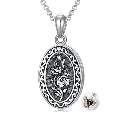 Birth Flower Photo Locket Necklace 925 Sterling Silver 12 Month Locket Necklace with Picture Birth Flower Photo Jewelry Gifts for Women Mother Mom Daughter - color: 06-June-rose, style: 1.no custom