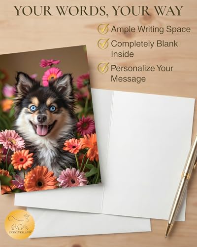Pomsky with Flowers All Occasions Greeting Card - Dog with Flowers from Unique Dogs Party Delights Collection - Large 5x7 Inch - Blank Inside with A7 Invitation Style White Envelope | 5x7 Inch Card, Blank Inside, Premium Silk Cardstock, Made in USA by USA