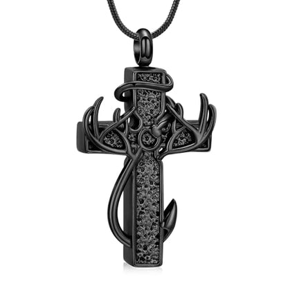 zeqingjw Cross Urn Necklace Fish Hook Cremation Jewelry for Ashes Pendant Stainless Steel Deer Antler Cross Memorial Human Pet Keepsake Ashes Holder for Men Women - color: Black
