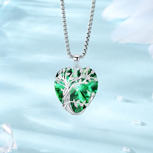 Eusense Tree of Life Necklace for Women Men Sterling Silver 925 Tree Urn Locket Cremation Jewelry Family Tree Pendant Gifts for Her Him Mom Dad Grandma Daughter - style: E-G-Tree of Life Necklace 05-Emerald
