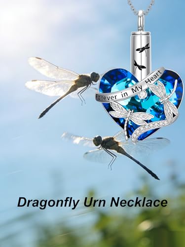 Urn Necklace for Women Sterling Silver Meaningful Memorial Jewelry | Paw Print/Butterfly/Dragonfly/Bird/Dolphin/Mountain/Tree of Life Urn Necklace for Ashes Cremation Keepsake Jewelry for Women - style: Heart-Dragonfly