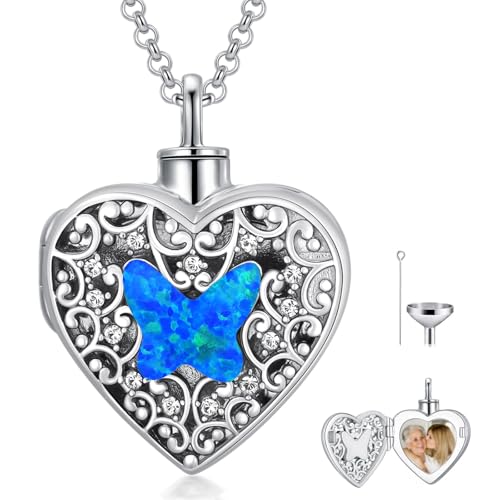 Dorunmo Personalized Heart Urn Locket Necklace for Ashes and Pictures 925 Sterling Silver Customized Locket Memorial Keepsake Cremation Jewelry for Ashes for Women Men Keep Someone Near to You - color: Blue Opal Butterfly, style: No Personalization