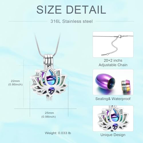 Cremation Jewelry Lotus Flower Urn Necklaces for Ashes Stainless Stell Memorial Ash Pendant Necklaces with Mini Urn Keepsake Ash Jewelry for Men Women Gifts with Funnel Filler Kit - color: Silver-Rainbow