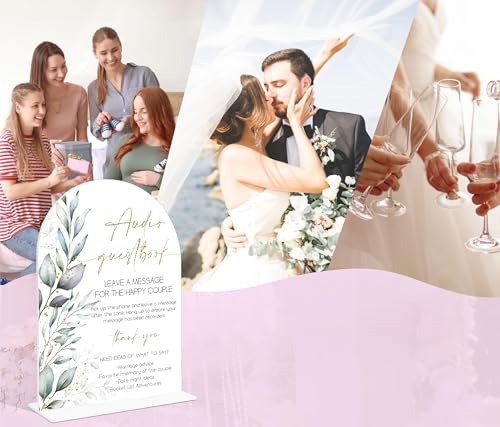 Acrylic Wedding Signs, Greenery Theme Audio Guestbook Sign, Wedding Reception Signage, Bridal Shower Table Decor with Stand, Engagement, Anniversary, Newlywed Events and Parties Supplies, 09 - color: Audio Guestbook Sign, 09