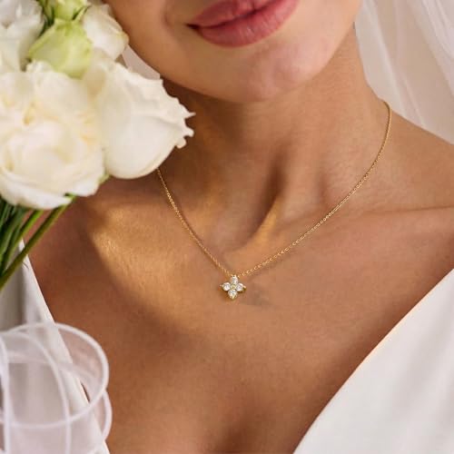 Gold Silver Pendant Necklace for Women, Dainty CZ Jewelry Gift | 14K Gold Silver Plated, Cubic Zirconia Pearl Charm, Trendy Layered Necklace, Adjustable Chain, Waterproof, Hypoallergenic - color: Gold-Clover