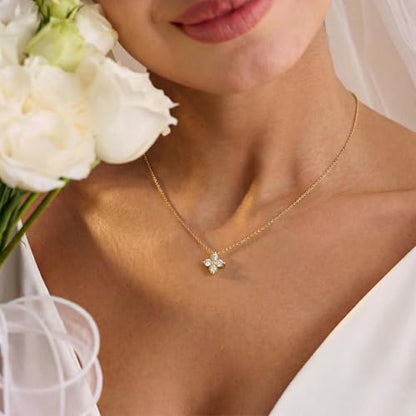 Gold Silver Pendant Necklace for Women, Dainty CZ Jewelry Gift | 14K Gold Silver Plated, Cubic Zirconia Pearl Charm, Trendy Layered Necklace, Adjustable Chain, Waterproof, Hypoallergenic - color: Gold-Clover