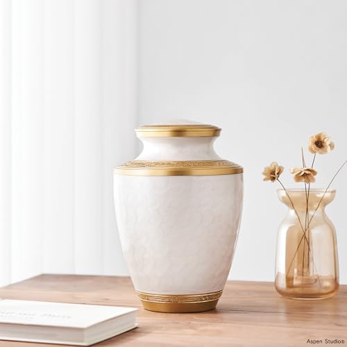 AspenStudio White Gold Brass Urn Cremation for Adult Human Ashes - Large Size Capable to 200 lbs
