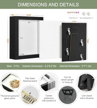 5x7 Small Shadow Box Frame with Shatterproof Clear Glass & Pins - color: Black+foam Back+foam Packaging, size: 5x7