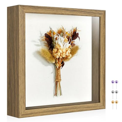 10x10 Shadow Box Frame with Ultra-Clear Glass & Soft Linen Back | With Push Pins and Stand, Deep 1.2" Brown Shadow Box Display Case – Display on Tabletop or Wall for Photo, Flower, Keepsakes - color: Brown+high Definition Panel + Shatter-proof Packaging,