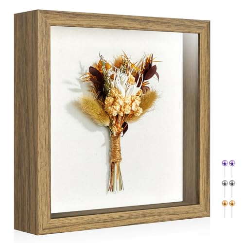 10x10 Shadow Box Frame with Ultra-Clear Glass & Soft Linen Back | With Push Pins and Stand, Deep 1.2" Brown Shadow Box Display Case – Display on Tabletop or Wall for Photo, Flower, Keepsakes - color: Brown+high Definition Panel + Shatter-proof Packaging,
