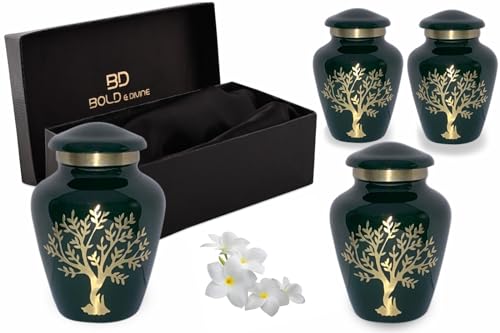 Tree of Life Keepsake Urns for Human Ashes - 4 Small Keepsakes, Decorative Urns for Ashes Adult Female & Male, Funeral Urns - Dark Green - size: Tree Of Life_Small Urn Set_Dark Green