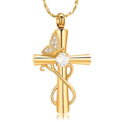 Imrsanl Butterfly Cremation Jewelry Cross Urn Necklace for Ashes | Ashes Holder Keepsake, Human Pet Funeral Memorial Pendant, For Women, In Memory of a Beloved - color: Gold-White