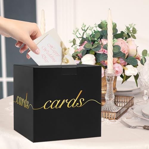 Black Card Box Gold Foil Wedding Favors Gift Card Boxes Post Box Receiving Money Box Holder for Wedding Reception, Baby Showers, Anniversary, Birthday Party, Retirement, Graduation Envelope Holder - color: Black and Gold
