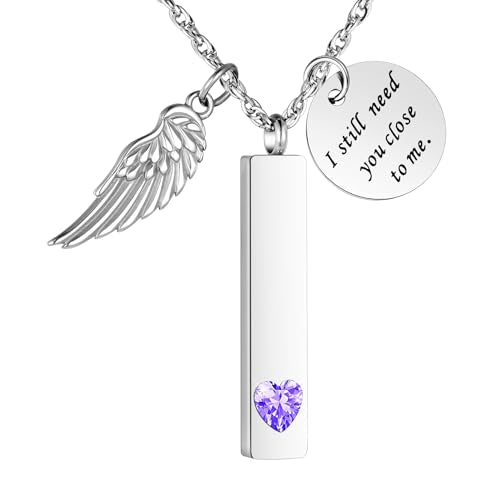 XIUDA Cremation Jewelry for Ashes with Angel Wing Charm Vertical Bar Urn Necklace Stainless Steel Memorial Keepsake Pendant for Women - color: Purple