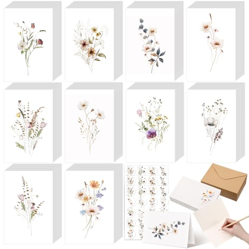 Motiskyy 100 Pcs Floral Blank Note Cards and Envelopes 4x6 Elegant Blank Greeting Cards with Matching Peel-and-Seal Stickers Plain Notecards Stationery for Back to School Office Home, 10 Designs - style: Floral Style