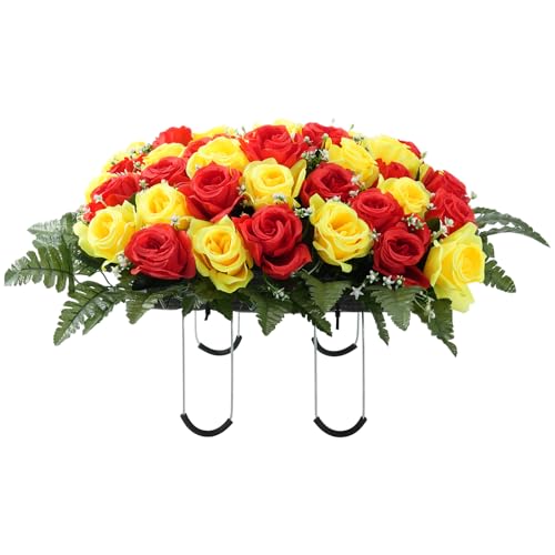Headstone Flower Saddle, Cemetery Flower Saddles for Headstones, Artificial Cemetery Flowers for Grave, Memorial Day Flowers for Tombstone Gravestone Outdoor Decoration, Red Yellow - color: Red Yellow
