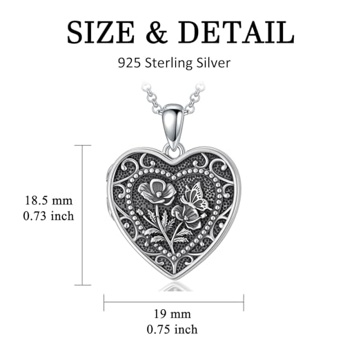 PELOVNY Birth Flower Locket Necklace for Women 925 Sterling Silver Flower Butterfly Heart Photo Locket Pendant Birthday Christmas Jewelry Gifts for Mom Daughter Wife Sister - color: 08-Poppy