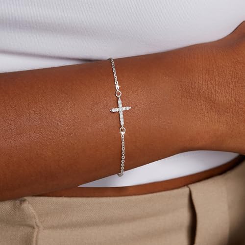 Moodear Cross Bracelet for Women, Dainty Sterling Silver/Gold Plated Gift | Christian Religious Gifts for Teen, Stocking Stuffers, Adjustable Link Bracelets, Sparkling CZ Cross, Non Tarnish Jewelry - color: Sterling Silver CZ Cross Bracelet