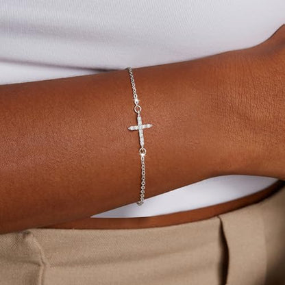 Moodear Cross Bracelet for Women, Dainty Sterling Silver/Gold Plated Gift | Christian Religious Gifts for Teen, Stocking Stuffers, Adjustable Link Bracelets, Sparkling CZ Cross, Non Tarnish Jewelry - color: Sterling Silver CZ Cross Bracelet