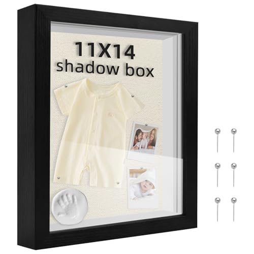 11x14 Shadow Box Frame, 1.2in Deep Keepsake Display Case, Linen Foam Back + 6 Push Pins, Thick Acrylic Front / Protective Film, Wall/Tabletop, for Flowers Tickets Medals Pet Memorial, Black - color: Black, size: 11x14