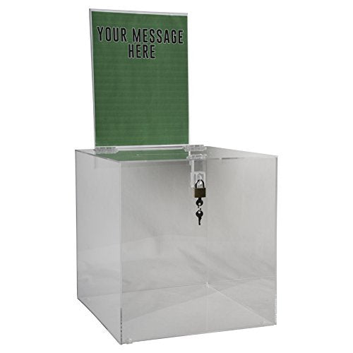 Clear-Ad - Acrylic Donation, Ballot, Raffle or Suggestion Box with Lock and Removable Sign Holder - Plastic Comment or Compaint Container - Plexiglass Multipurpose Box with Slot - Clear (12x12) - size: 12 x 12 Clear