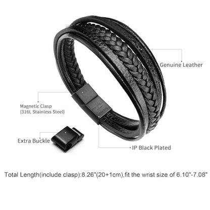 Mens Leather Bracelet with Clasp Cowhide Multi-Layer Braided Leather Mens Bracelet - style: black leather&black clasp&8.3